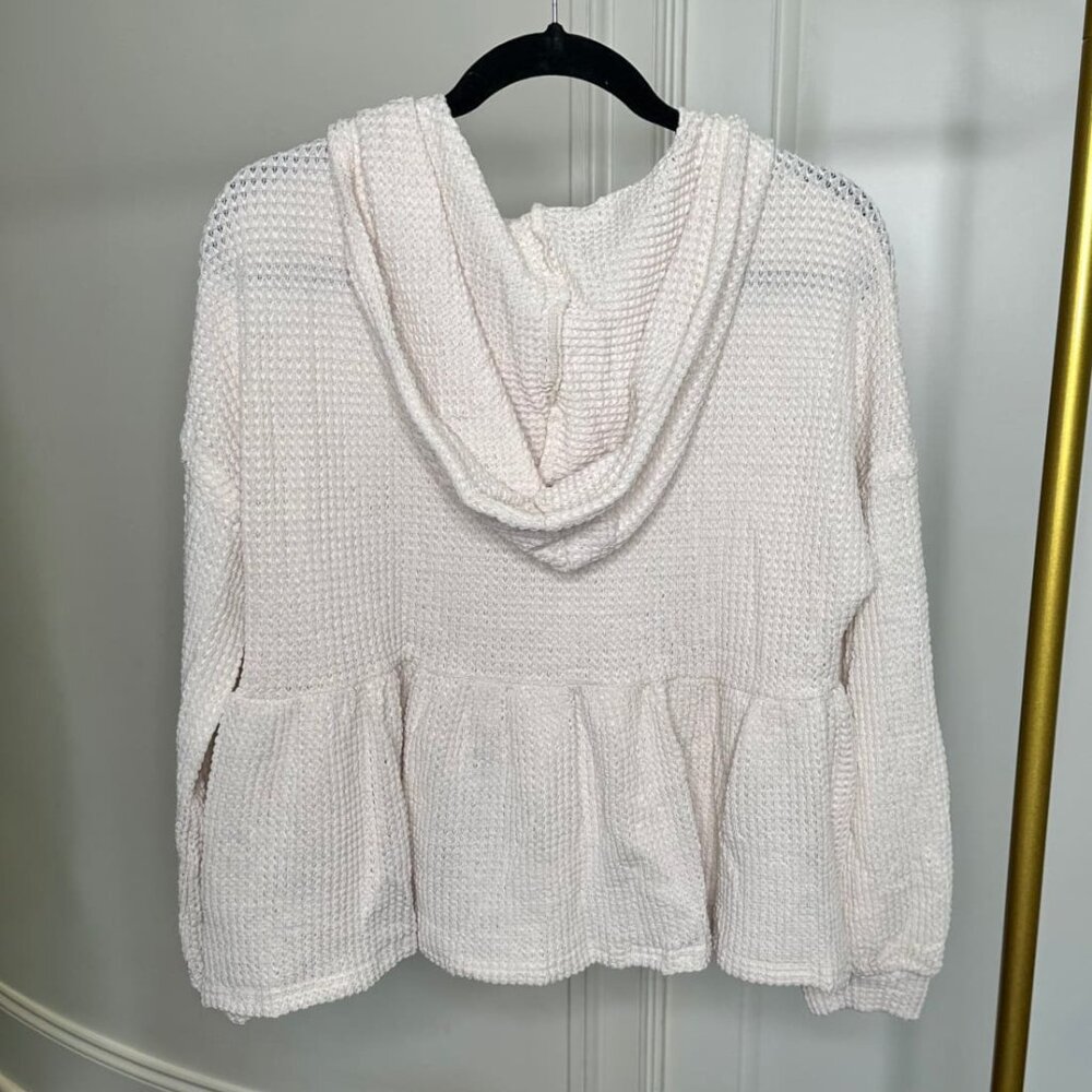 Beige Waffle Knit Babydoll Peplum Henley Hoodie - Picture 2 of 6